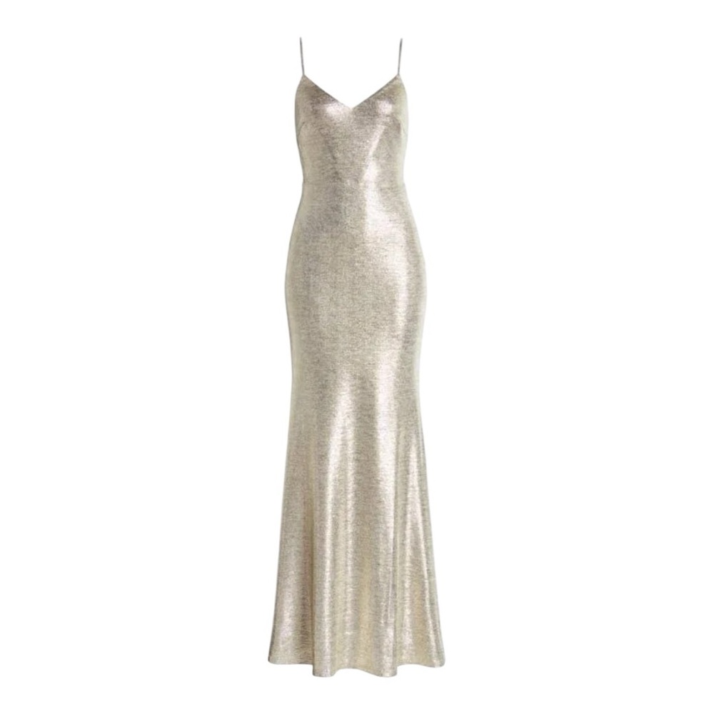 Lulus Women’s Came to Stun Shiny Light Gold Mermaid Maxi Dress Gold V Neck Sz M